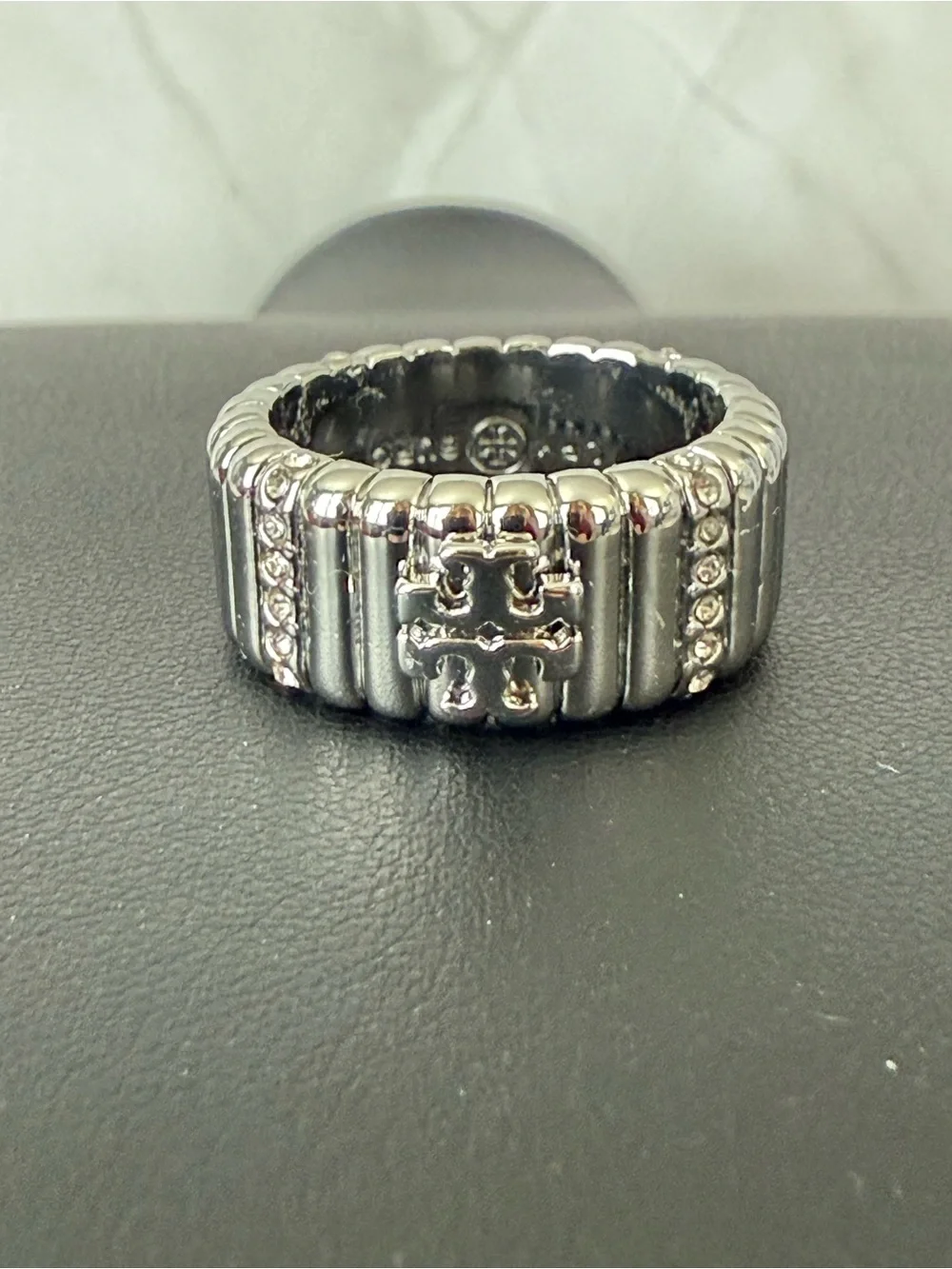 Tory Burch | Silver Logo & Pave Crystal Ring | Size 8
